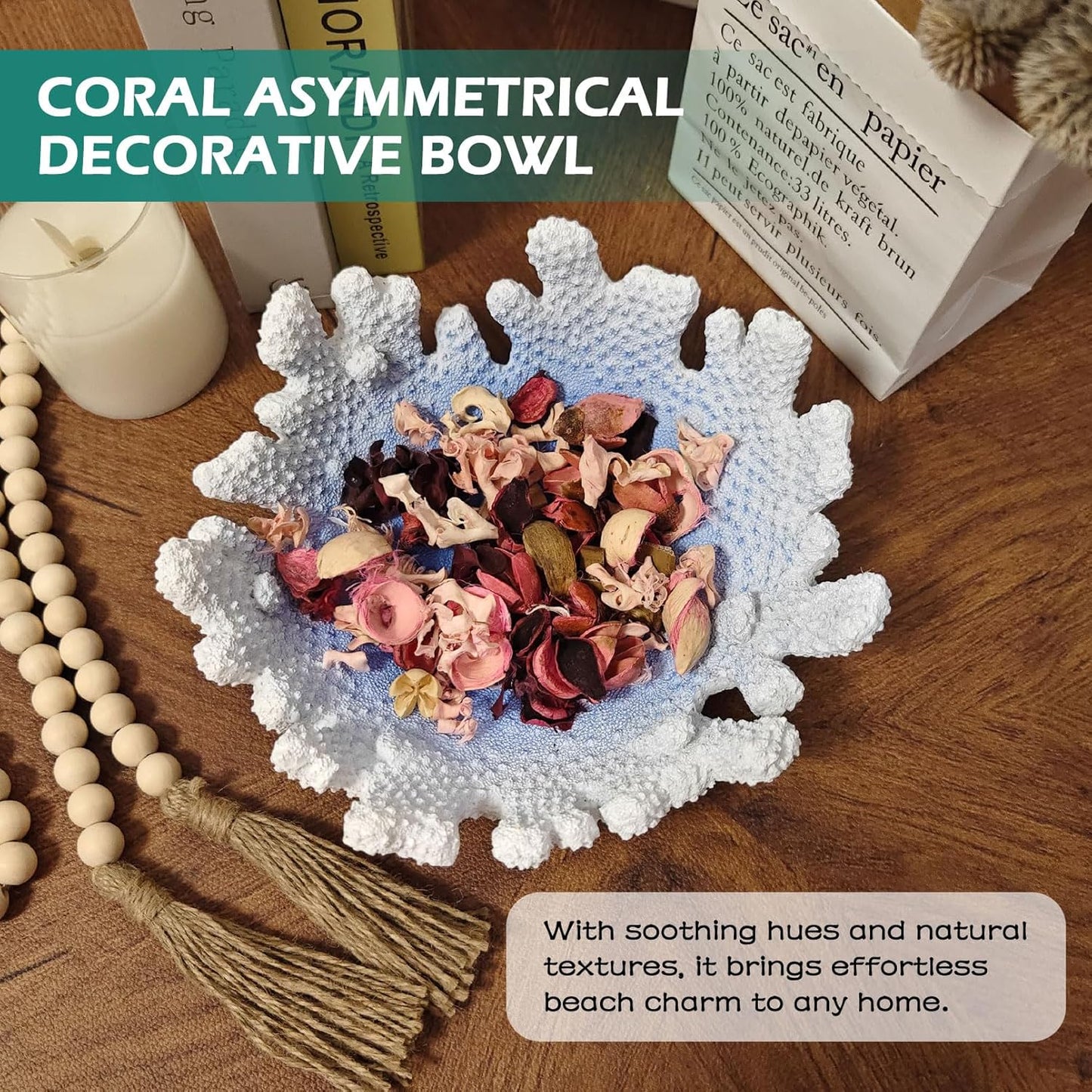 Santorini Blue Coral reef Textured Decorative Bowl,9.45" Medium Resin Decorative Centerpiece Bowl for Coastal Beach theme house table centerpiece decorations & Nautical decorations for coffee table