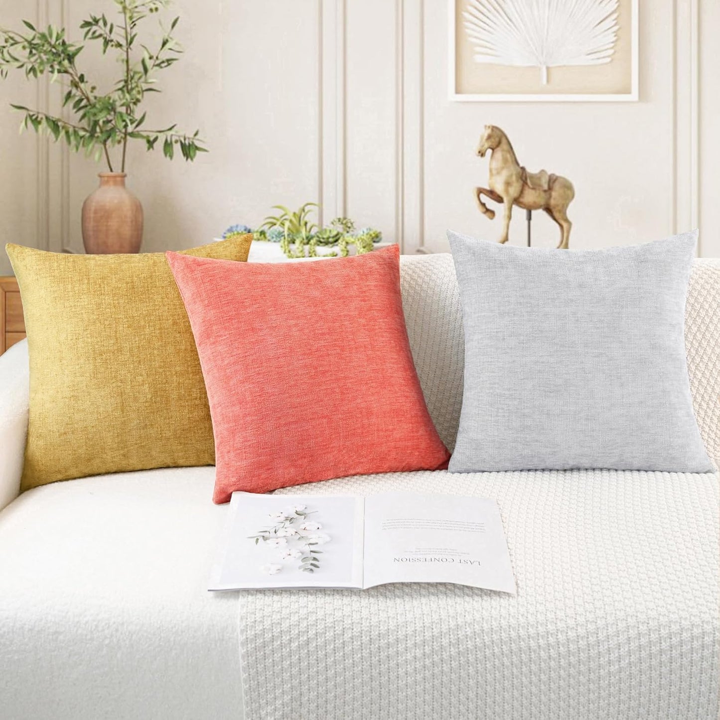 CaliTime Throw Pillow Covers Decorative 12 X 20 Inches Pack of 2 Cozy Chenille Cushion Cases for Couch Sofa Bed Living Room Home Living Coral