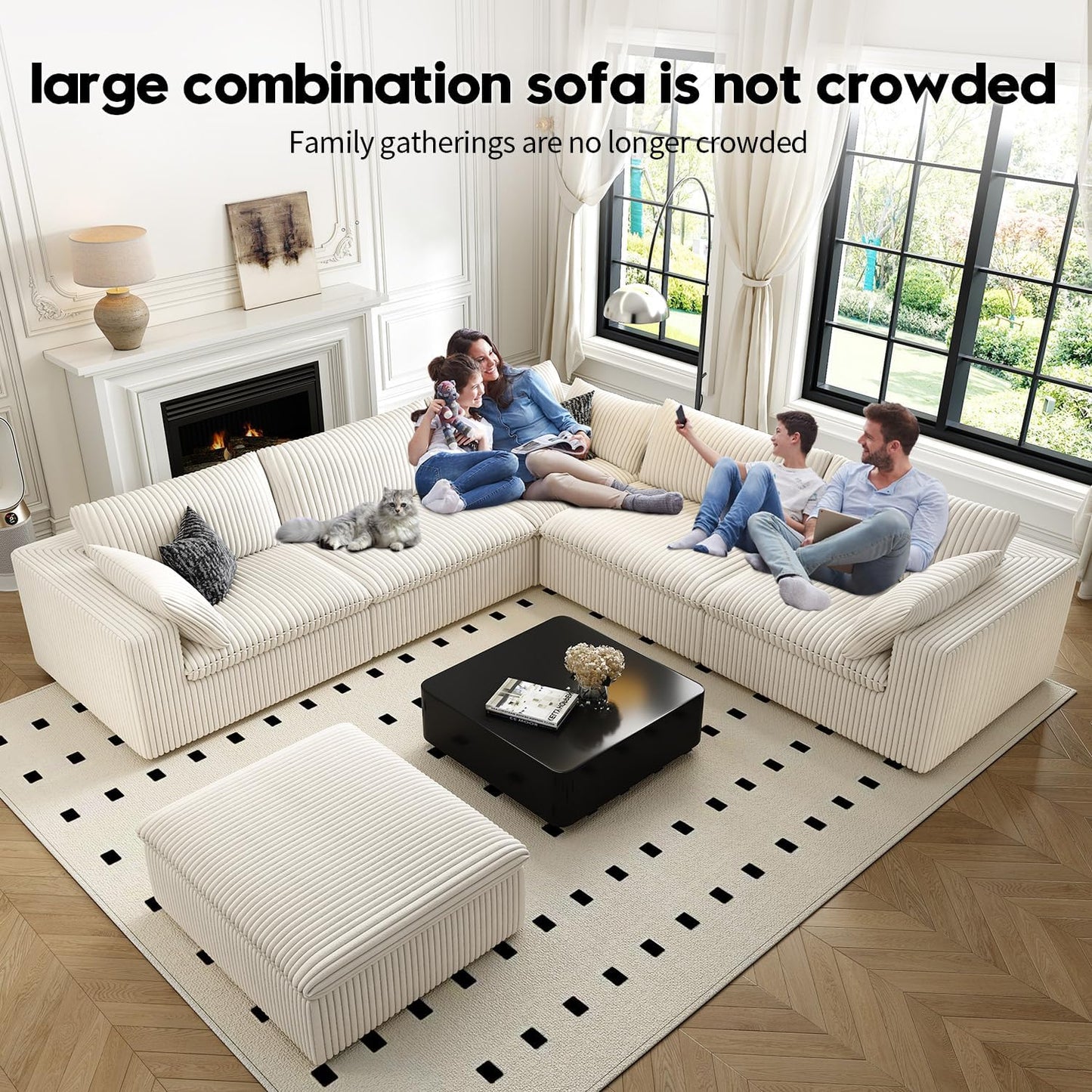 118" Cloud Couch Oversized Modular Sectional Sofa for Living Room,Modern Sofa with Deep Seat，6 Seater Boneless Couch,Comfy Upholstered Corduroy Couches for Apartment, Studio, Office,Bedroom，White