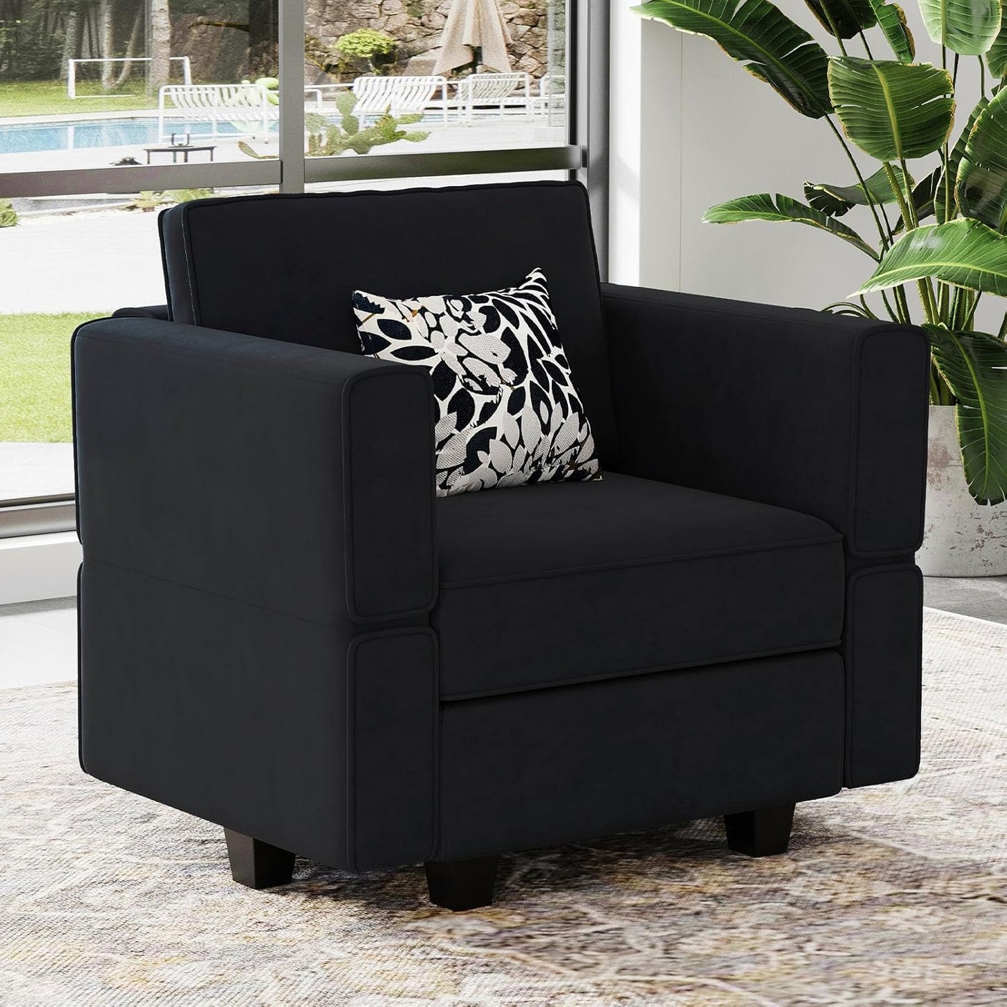 Belffin Modular Sectional Arm Accent Chair with Storage Seat Velvet Armchair Single Sofa Club Chair Black