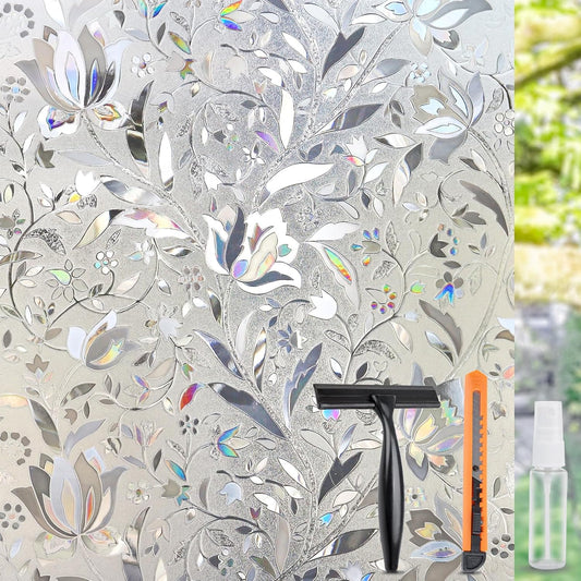 HIDBEA Window Privacy Film, 3D Stained Glass Static Cling - Sun Blocking Anti-UV Heat Control, Reusable Decorative Film for Home/Office Doors, Rainbow Tulip Design (17.5 in x 78.7 in)