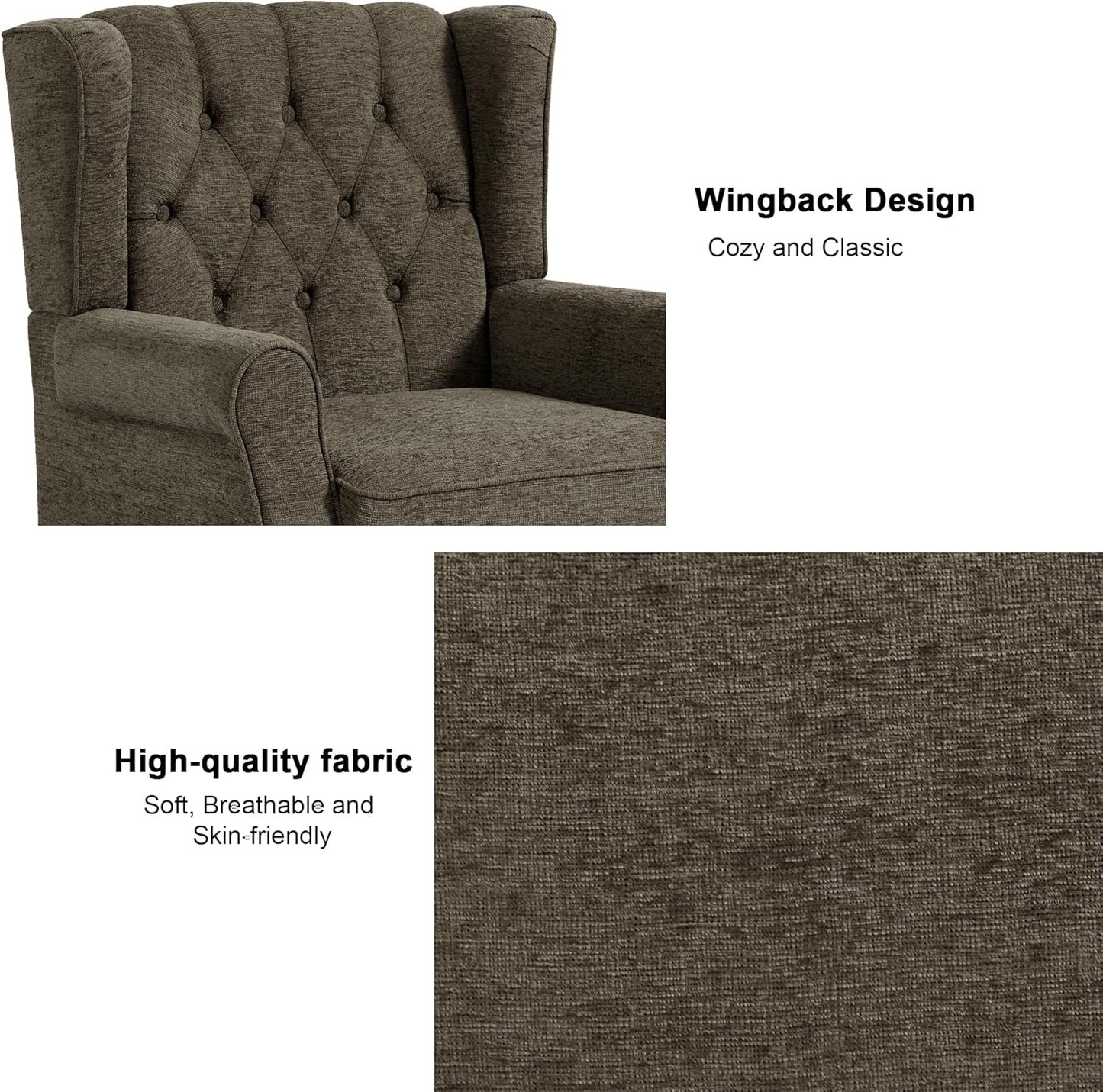 Accent Chair, Upholstered Armchair with Button Tufted High Back & Solid Wood Legs, Comfy Wingback Reading Single Sofa Chair for Small Spaces, Living Room, Bedroom (Taupe, Set of 2)