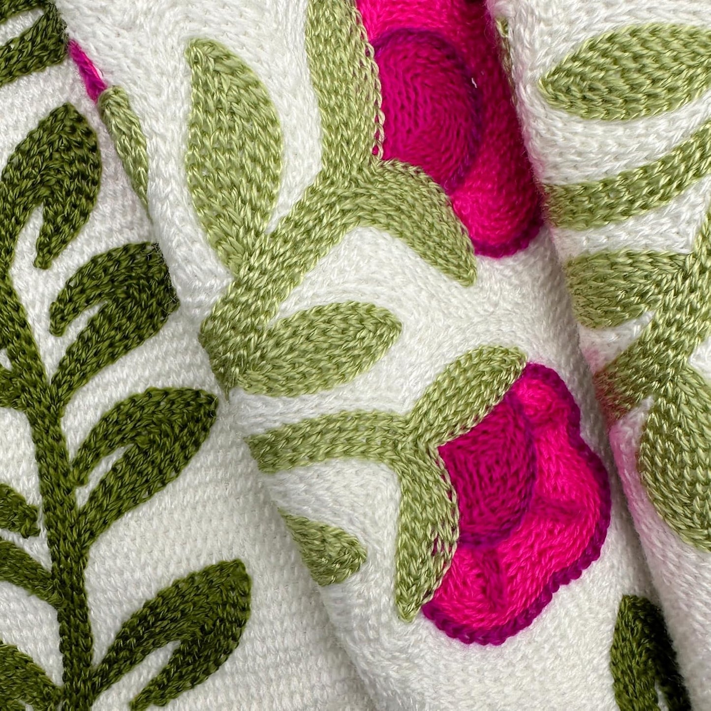 Alysheer Flower Embroidered Summer Decorative Lumbar Throw Pillow Cover 12"x 20", Farmhouse Cottage Hot Pink Floral Green Leaves Patterned Cotton Canvas Cushion Case for Sofa Couch Bed Living Room
