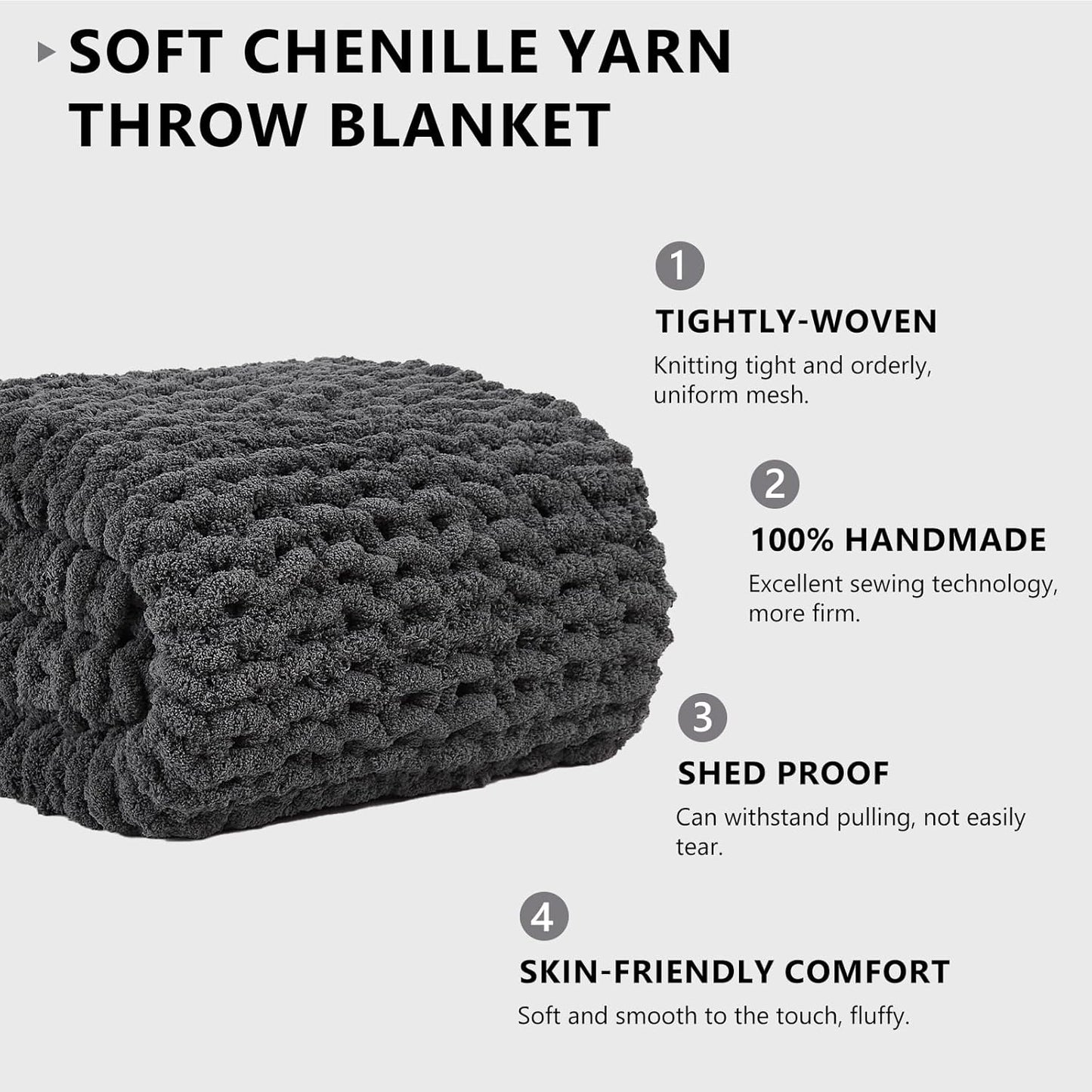 L'AGRATY Chunky Knit Blanket Throw - Soft Chunky Throw Blanket 30x40: 100% Hand Kintted Chenile Crochet Throw Blanket for Couch - Large Cable Knit Chunky Blanket for Home Decor(Dark Grey)