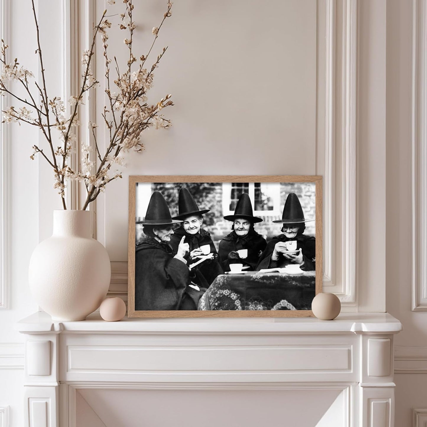 Poster Master Classic Photograph Poster - Vintage Halloween Print - Gift for Artist, Friend - Witches Tea Party, Old Women Smiling, Wearing Robes - Wall Decor for Living Room, 8x10 Beige Framed