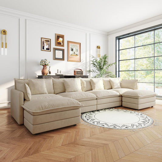 Sectional Sofa 4 Seater with Movable 2 Ottomans,Oversized Modular Couch Deep Seat (Light Coffee, 146.5 inch-U)