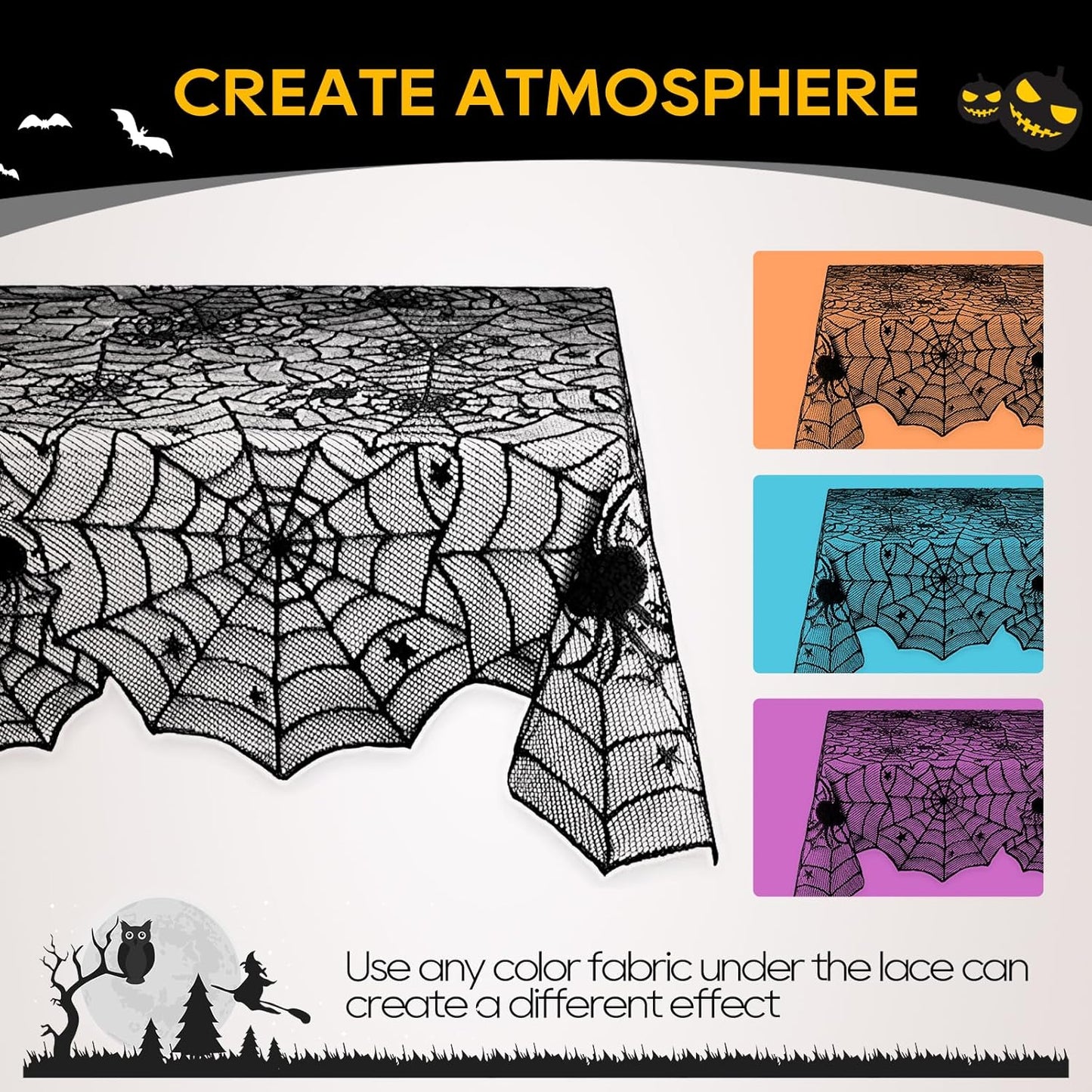 eZAKKA Halloween Table Cloth, 54" x 72" Spider Webs Tablecloths Black Tablecloth Lace Fabric Table Cloths Spooky Cover