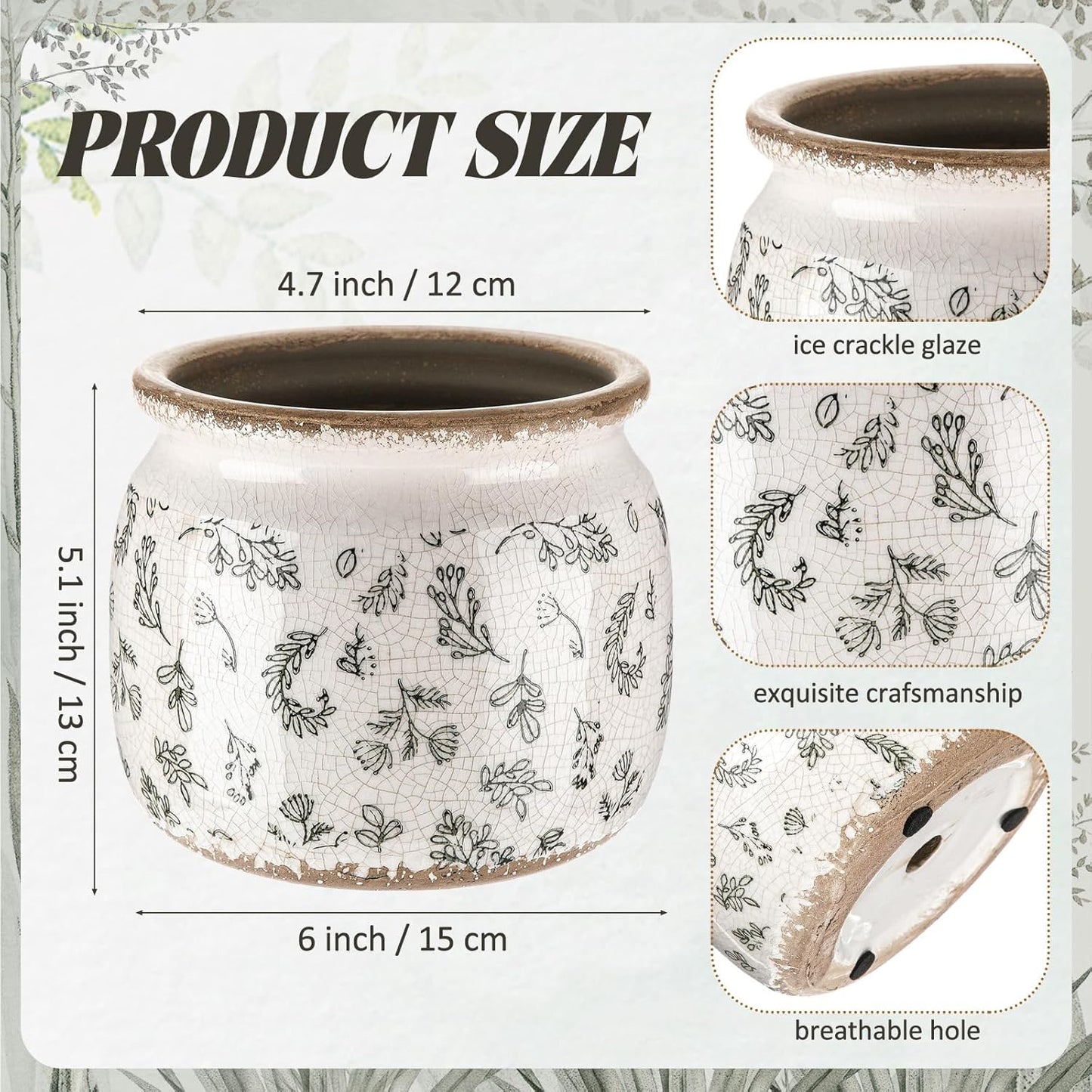 Vintage Planter Large Ceramic Plants Pot Green Leaves Crack Cottage Scroll Vase Flower Vase Pot Indoor Plants Home Kitchen Decor Farmhouse Antique Decorative Gift