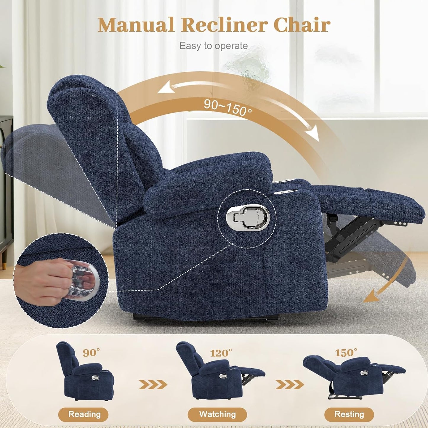 Recliner Chair for Adults, Oversized Fabric Manual Pull Tab Reclining Chair with Cup Holders, Minimalist Style Single Sofa for Living Room, RV (Blue)