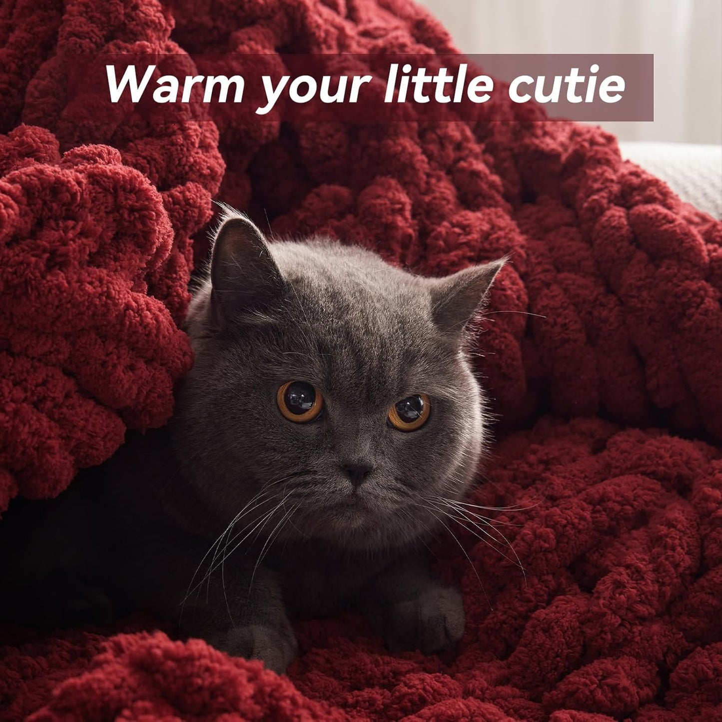 Chunky Knit Throw Blanket, 50''*60'' Knitted Throw Chenille Yarn for Bed Couch, Handmade Red Crochet Big Thick Blanket, Machine Washable Cute Comfy Blanket for Home Decor