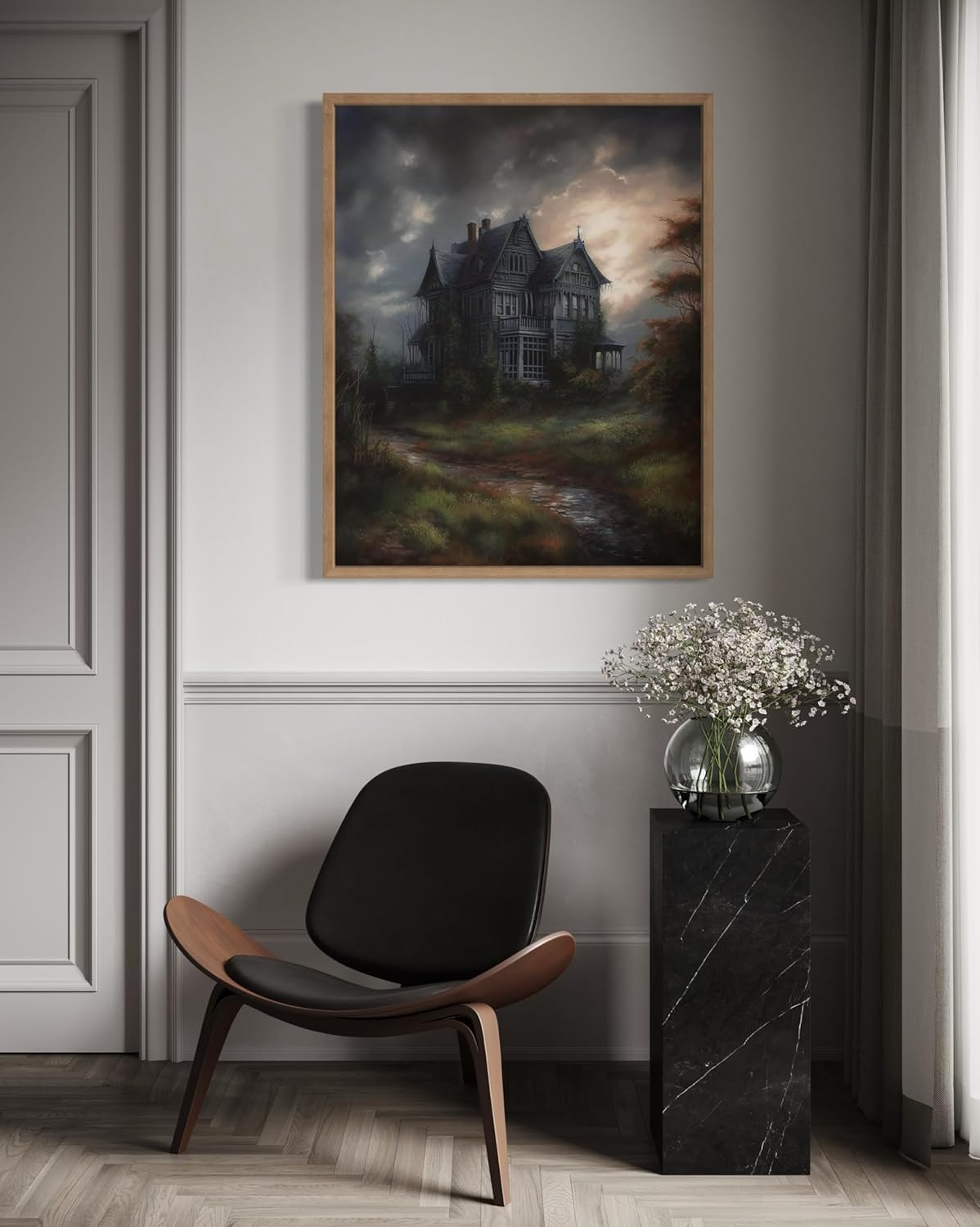 Haunted House Poster Art Print, Halloween Scary Vintage Wall Art Academia Spooky Painting Decoration for Horror Prints, Gothic Posters Bedroom Decor 89 (Haunted House, 8 x 10 inches, Wood Frame)