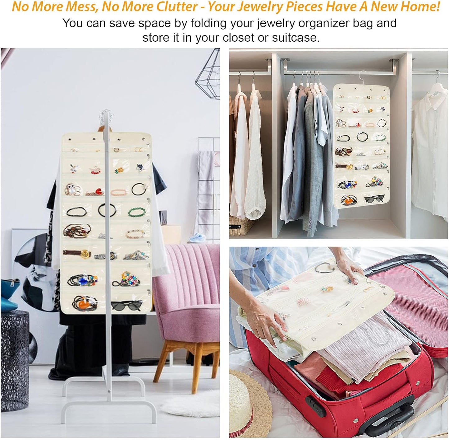 Freegrace Hanging Jewelry Organizer Revolving Hanger - Secure Zipper Closure - 50 Pockets - Foldable Storage & Display Solution - For All Jewelry & Bijoux (Beige)