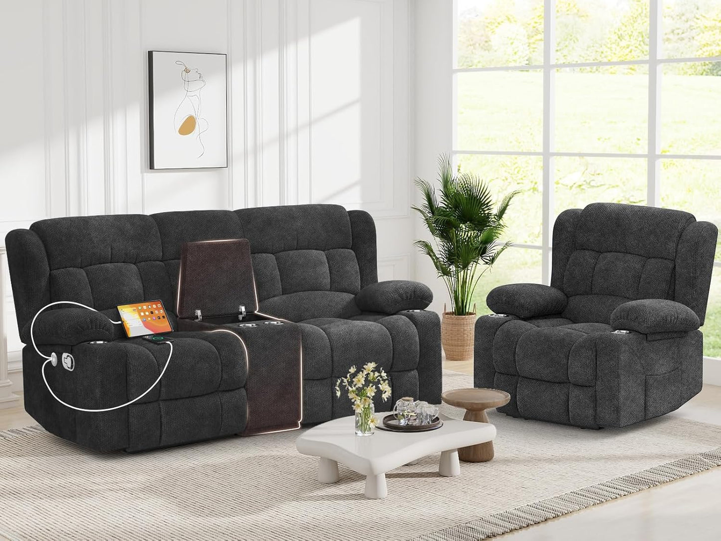 Recliner Sofa Set with 2+1 Pieces, Fabric Manual Pull Tab Reclining Loveseat with Storage Console, Single Recliner Chair for Living Room, RV, Grey