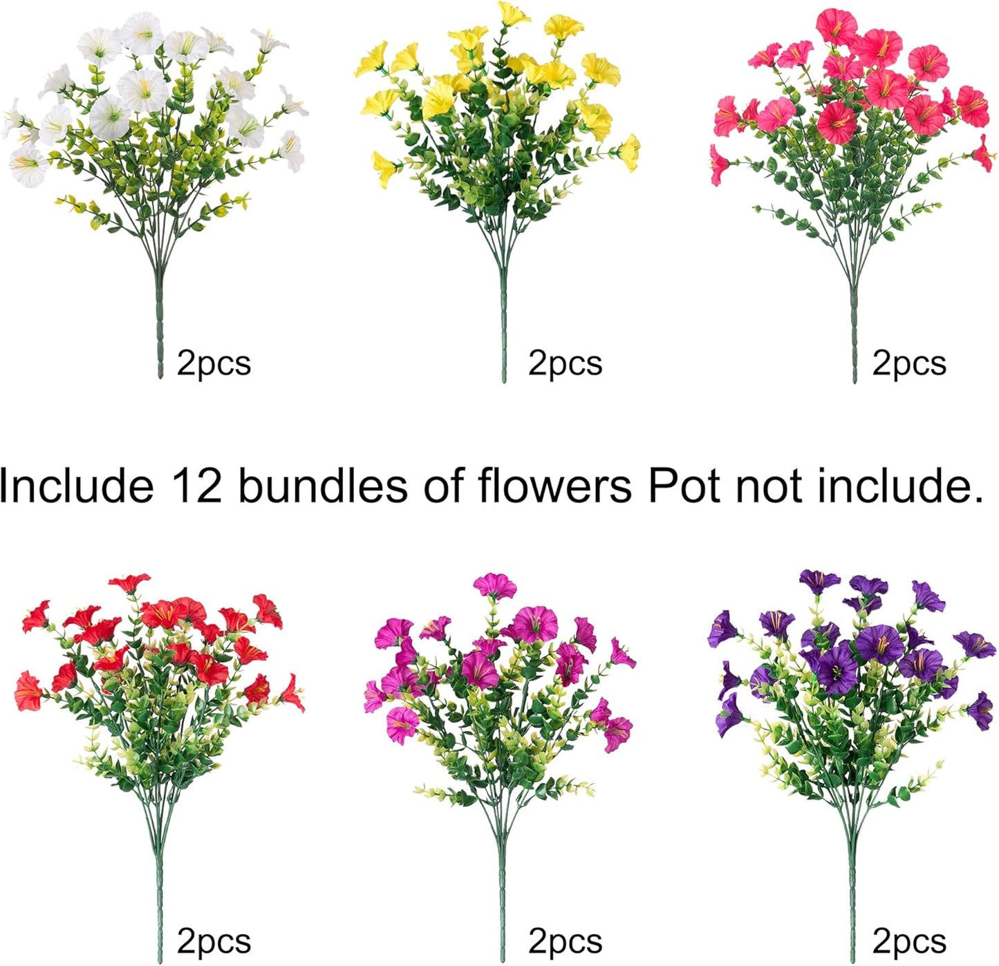 Artificial Flowers for Outdoors Fake Plants Outside Decoration, 12 Bundles Silk Colorful Morning Glory with Eucalyptus UV Resistant Realistic Faux Flowers for Planter Porch Patio Yard Garden