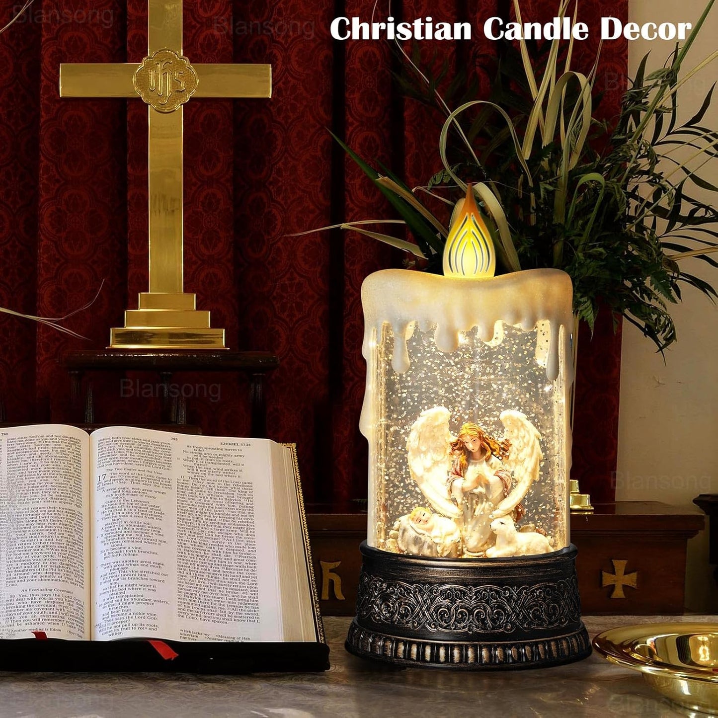 Nativity Snow Globe Candle Christmas Decorations Gifts Auto Snowfall Glitter Music Collection Angel Nativity Scene with 6H Timer USB/Battery Powered 9.7 inch