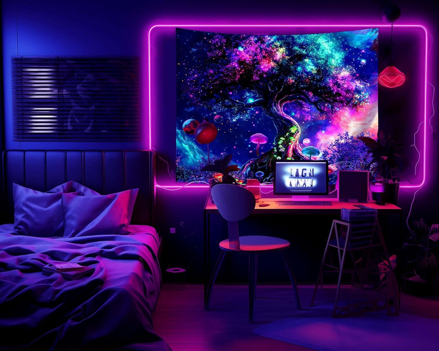 dueeia Blacklight Tree Life Tapestry Wall Hanging Fantasy Black Light Glow in the Dark Uv Mushroom Tapestries for Bedroom Aesthetic Living Room Wall Decor (78.7"x59.1")