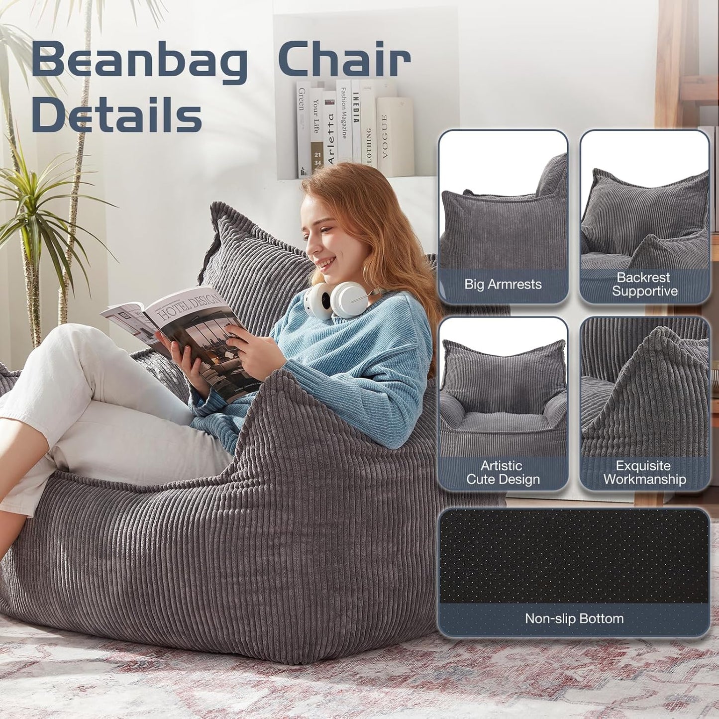 Giant Bean Bag Chair Sofa for Adults Teens, Comfy Corduroy Large Bean Bag Chairs with Armrests for Bedroom Living Room, Adult BeanBag Lazy Sofa Couch Chairs with Filler Included