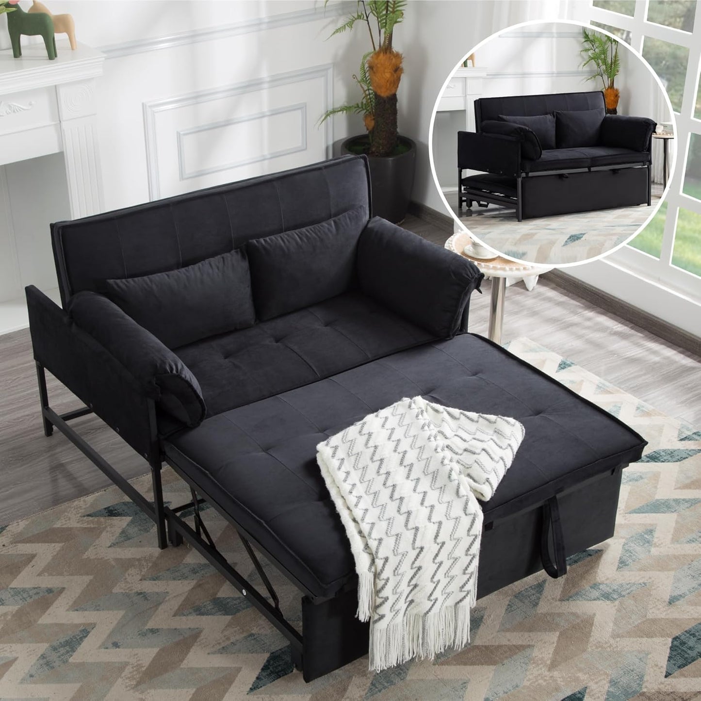 Pull Out Sofa Bed, 46” Futon Couch with Convertible Sleeper, Velvet Pull Out Couch with Adjustable Backrest, Small Sofa Bed with 2 Pillows for Living Room Office Guest Room, Black
