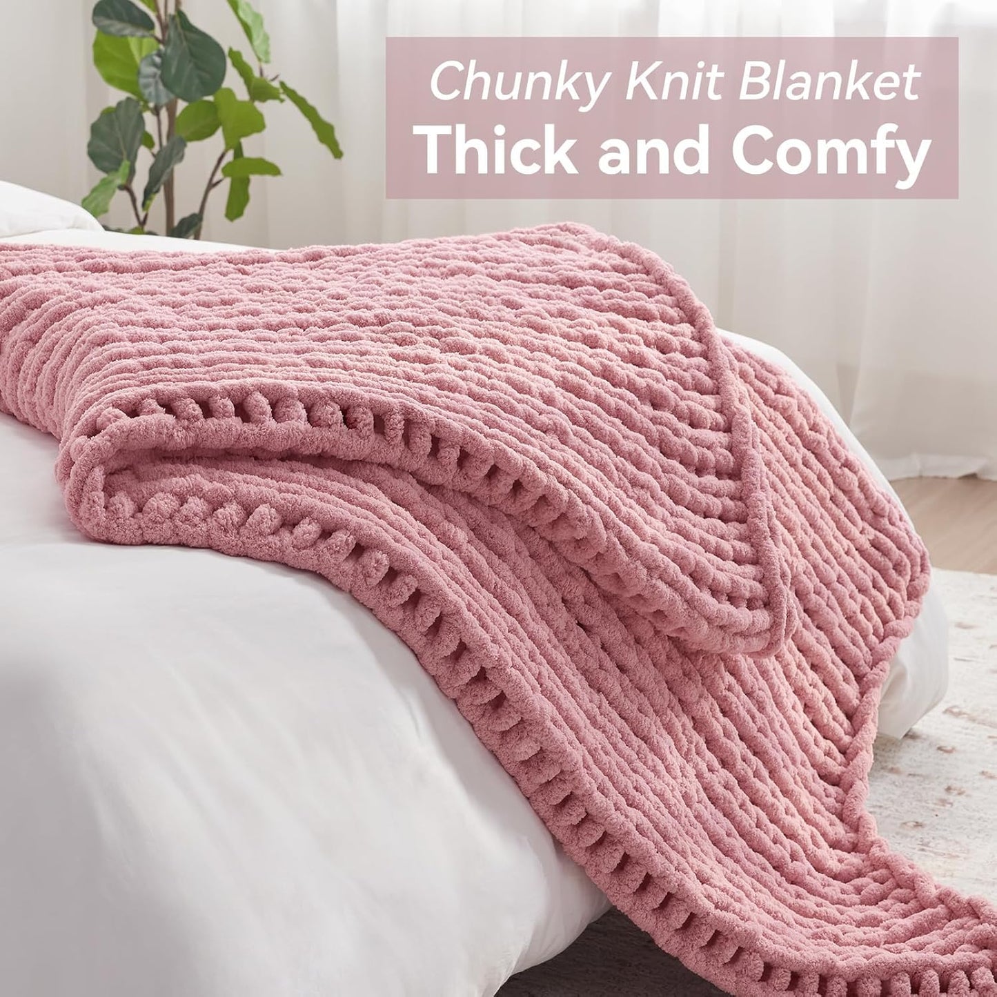 Chunky Knit Throw Blanket, 30''*40'' Knitted Throw Chenille Yarn for Bed Couch, Handmade Light Pink Crochet Big Thick Blanket, Machine Washable Cute Comfy Blanket for Home Decor