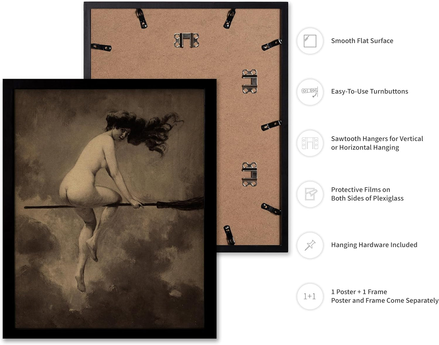 Poster Master Vintage Albert Joseph Penot Poster - Retro Halloween Print - Gift for Artist, Friend - Departure for the Sabbath, Naked Witch on Broom - Wall Decor for Bedroom, 11x14 Black Framed