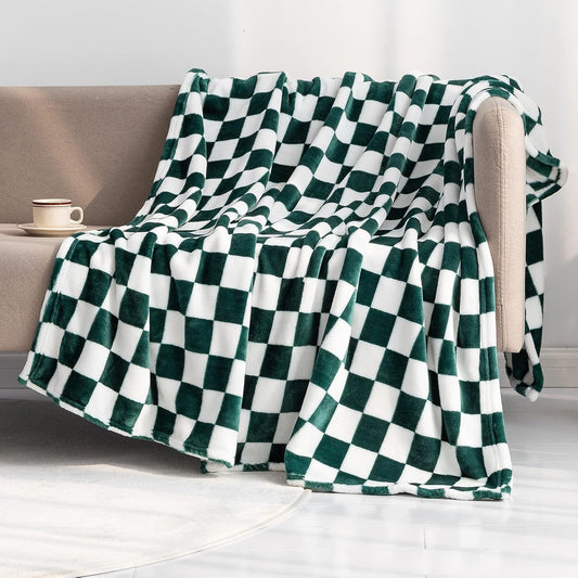 LOMAO Throw Blankets Flannel Blanket with Checkerboard Grid Pattern Soft Throw Blanket for Couch, Bed, Sofa Luxurious Warm and Cozy for All Seasons (Green, 60"x80")