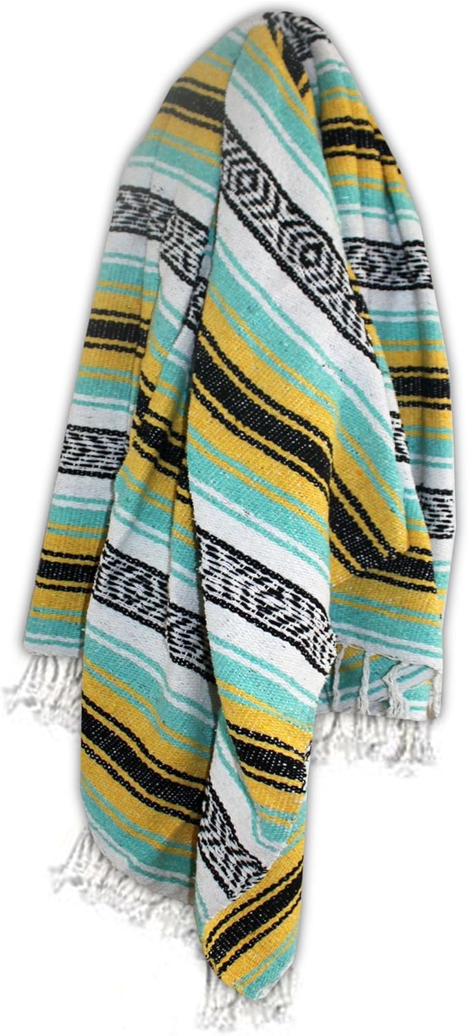 Del Mex Classic Mexican Blanket, Large Authentic Woven Falsa Throw (70"x50"), Artisan Southwest Décor for Beach, Yoga, Outdoors (Mint/Yellow)