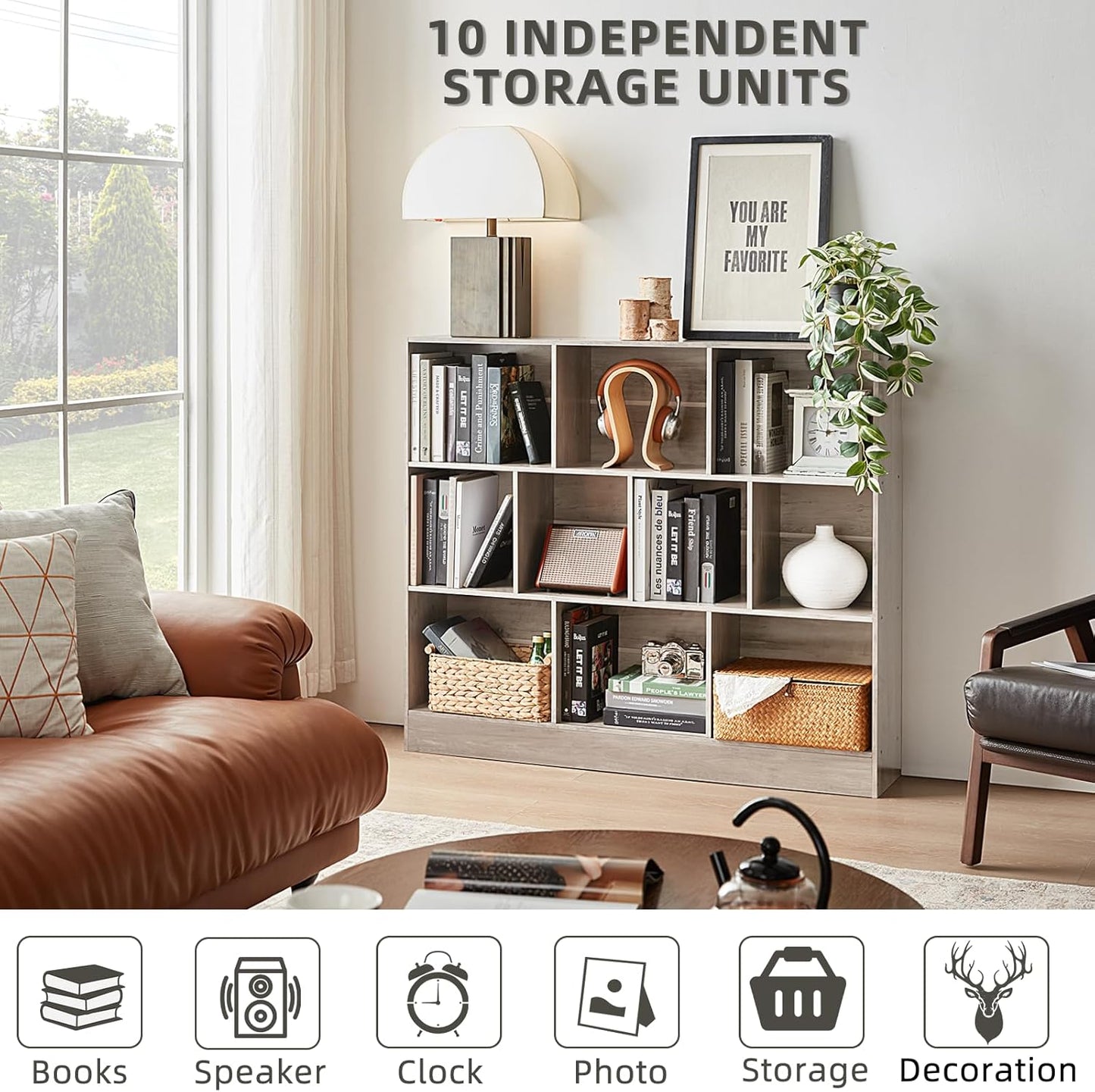 LEYAOYAO 10 Cube Bookshelf with Base,3 Tier Mid-Century Modern Grey Bookcase,Standing Wide Bookshelves Storage Organizer Shelf,Rustic Wood Display Cabinet Book Shelves for Bedroom,Living Room,Office