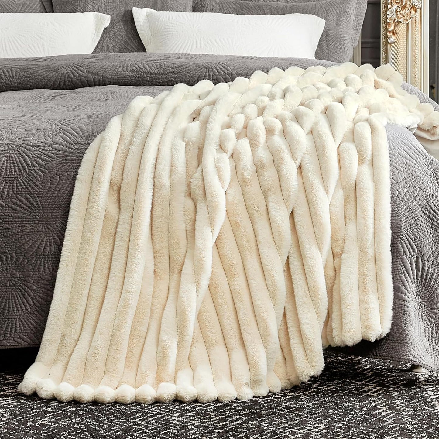 Cozy Bliss Faux Fur Throw Blanket for Couch, Cozy Warm Plush Striped Blanket for Sofa Bedroom Living Room,60 * 80 Inches Beige