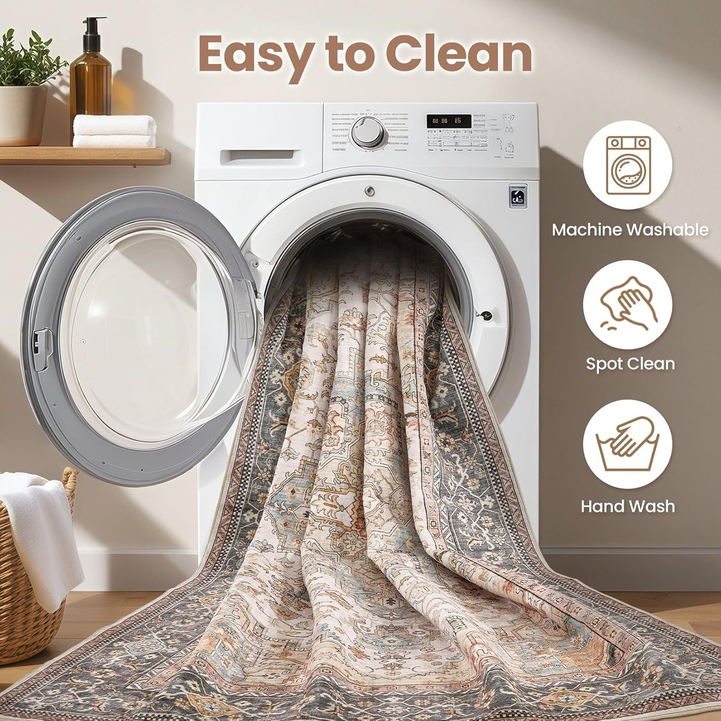 Washable Area Rugs for Living Room - 10x12 Neutral Vintage Distressed Floral Farmhouse Boho Large Soft Floor Rug Indoor Non Slip Carpet for Living Room Bedroom Dining Room Office - Forest Green Orange