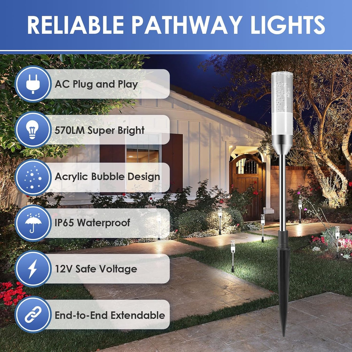 B-right Outdoor Pathway Lights, 6 Pcs LED Path Lights AC Plug 12V Low Voltage Landscape Lighting 570 Lumens, Extendable IP65 Waterproof Outdoor Garden Light for Patio Yard Walkway, Cool White 6000K