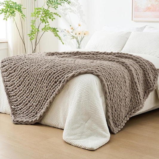 Bigacogo Chunky Knit Throw Blanket for Couch, 60x80 inches, 100% Hand Knitted with Thick Jumbo Chenille Yarn, Cozy Soft Large Rope Knot Cable Crochet Blankets for Sofa Bed Living Room, Taupe