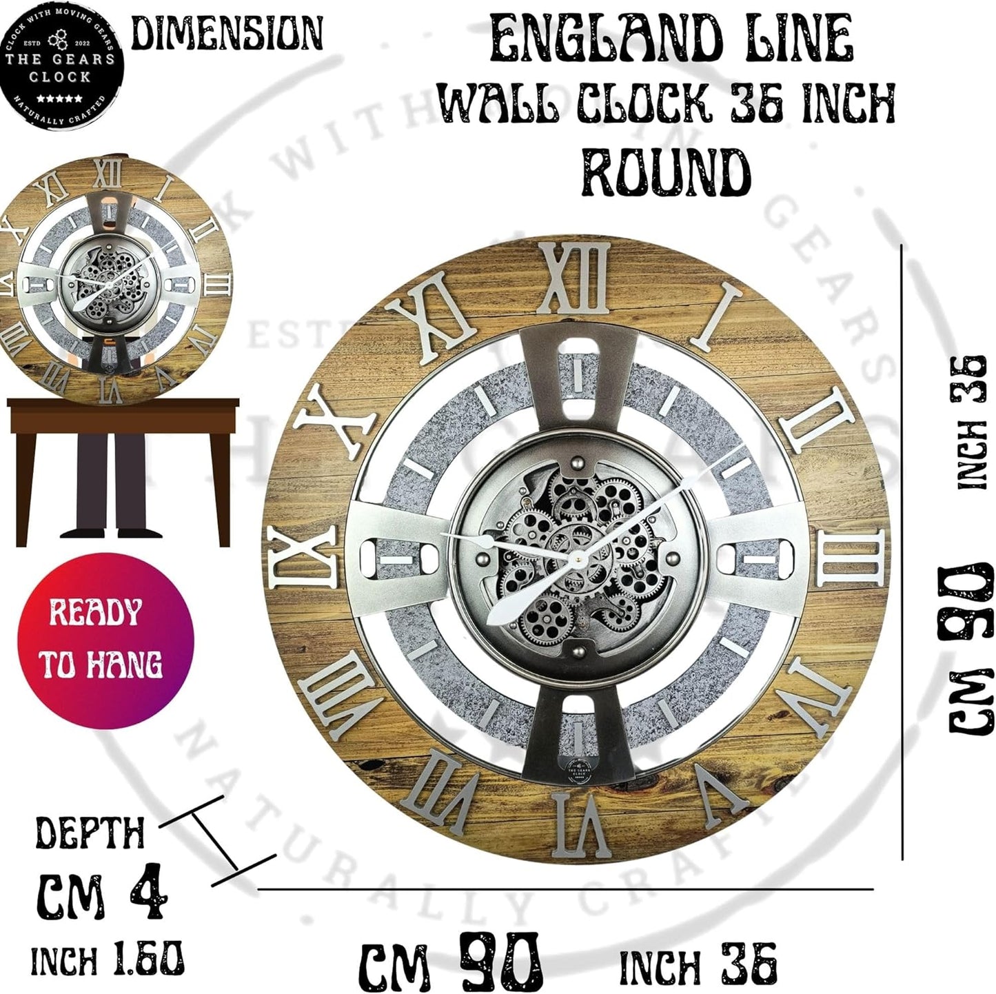 The Gears Clock Real Moving Gear Wall Clock England Line (Grey & White, 36 inches (90 cm))