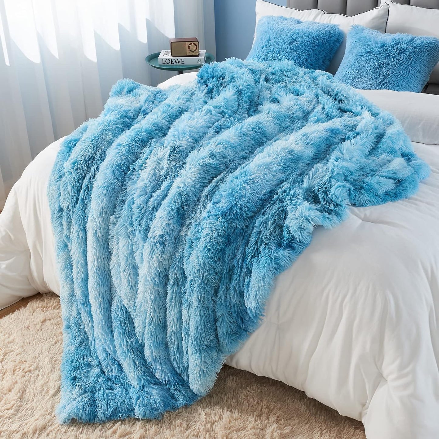 GONAAP Fuzzy Faux Fur Throw Blanket Queen Size Tie-dye Ocean Blue Super Soft Cozy Plush Fuzzy Shaggy Blanket for Couch Sofa Bed (Tie-dye Ocean Blue, Queen(90"x90"))