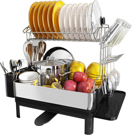BOOSINY Dish Drying Rack with Drainboard, Stainless Steel Dish Rack, 2 Tier Extra Large Dish Drainer with Cup Holder and Utensil Holder for Kitchen Counter