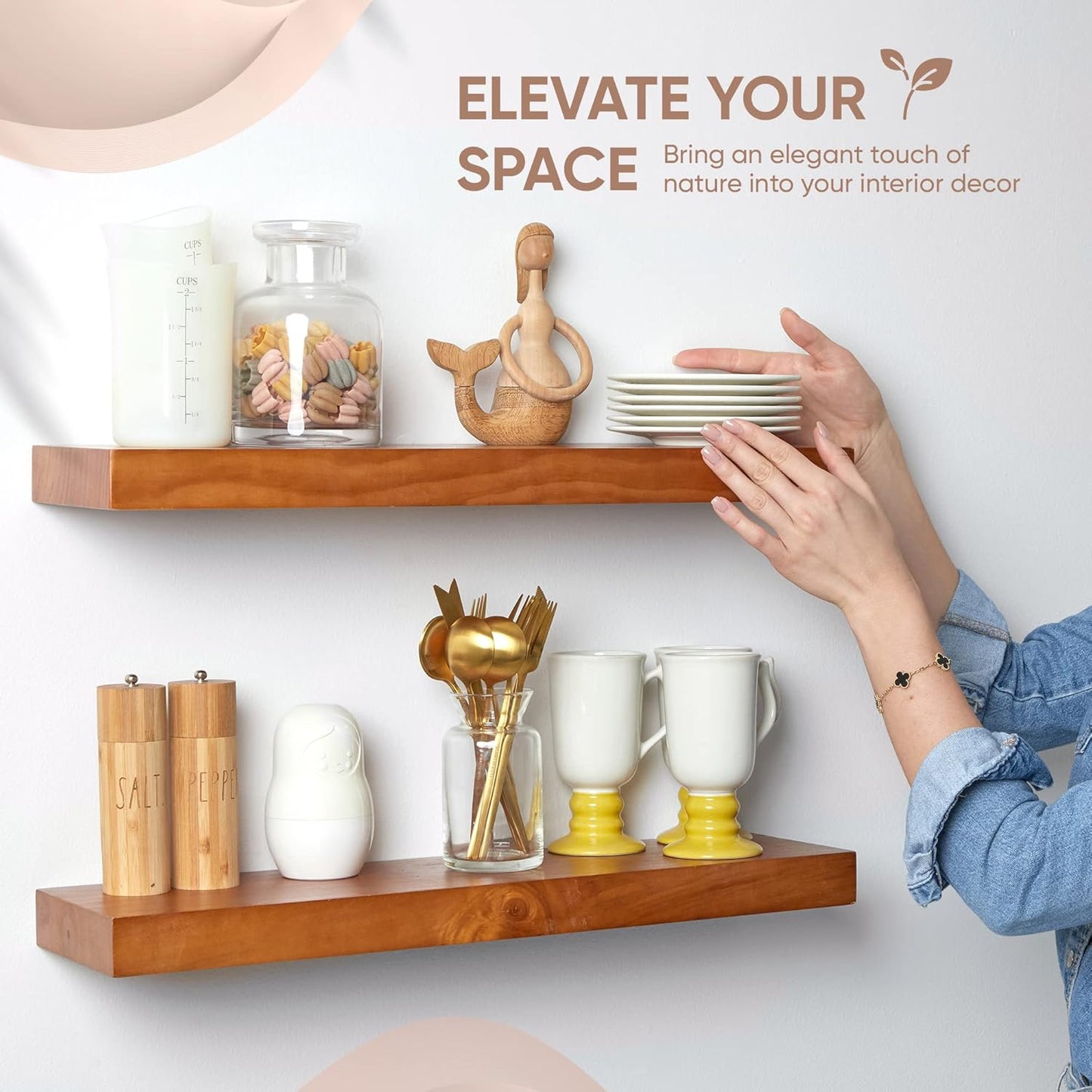 Homeforia 24inch Oak Floating Shelf for Wall, High End Solid Real Wood 24 inches Long Floating Shelves for Bathroom, Honey Oak Wooden Floating Shelves, Heavy Duty Bracket, 24 X 6.5 X 1.75 in, Set of 3