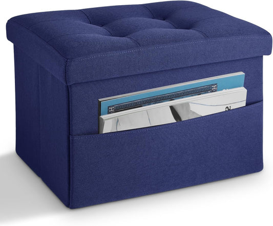LINMAGCO Storage Ottoman Folding Foot Stool Foot Rest with Side Pocket Modern Ottoman with Storage Short Sofa Stool Linen Cloth 17x13x13(Navy)