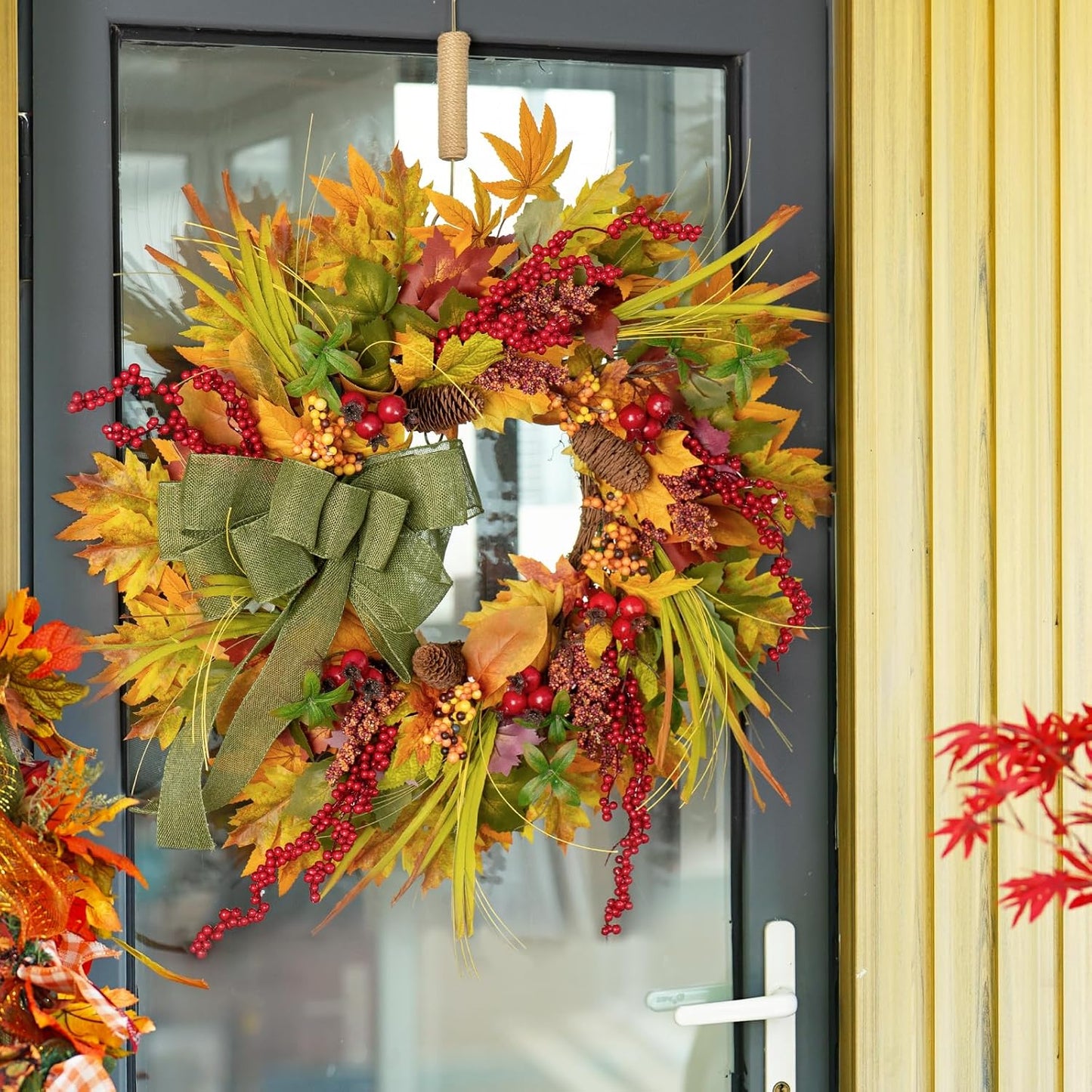 24 Inch Fall Wreaths for Front Door Outside– Artificial Silk Autumn Door Wreath with Green Bow, Maple Leaves, Pine Cones, Red Berries– Indoor Outdoor Thanksgiving Farmhouse Home Wall Decor