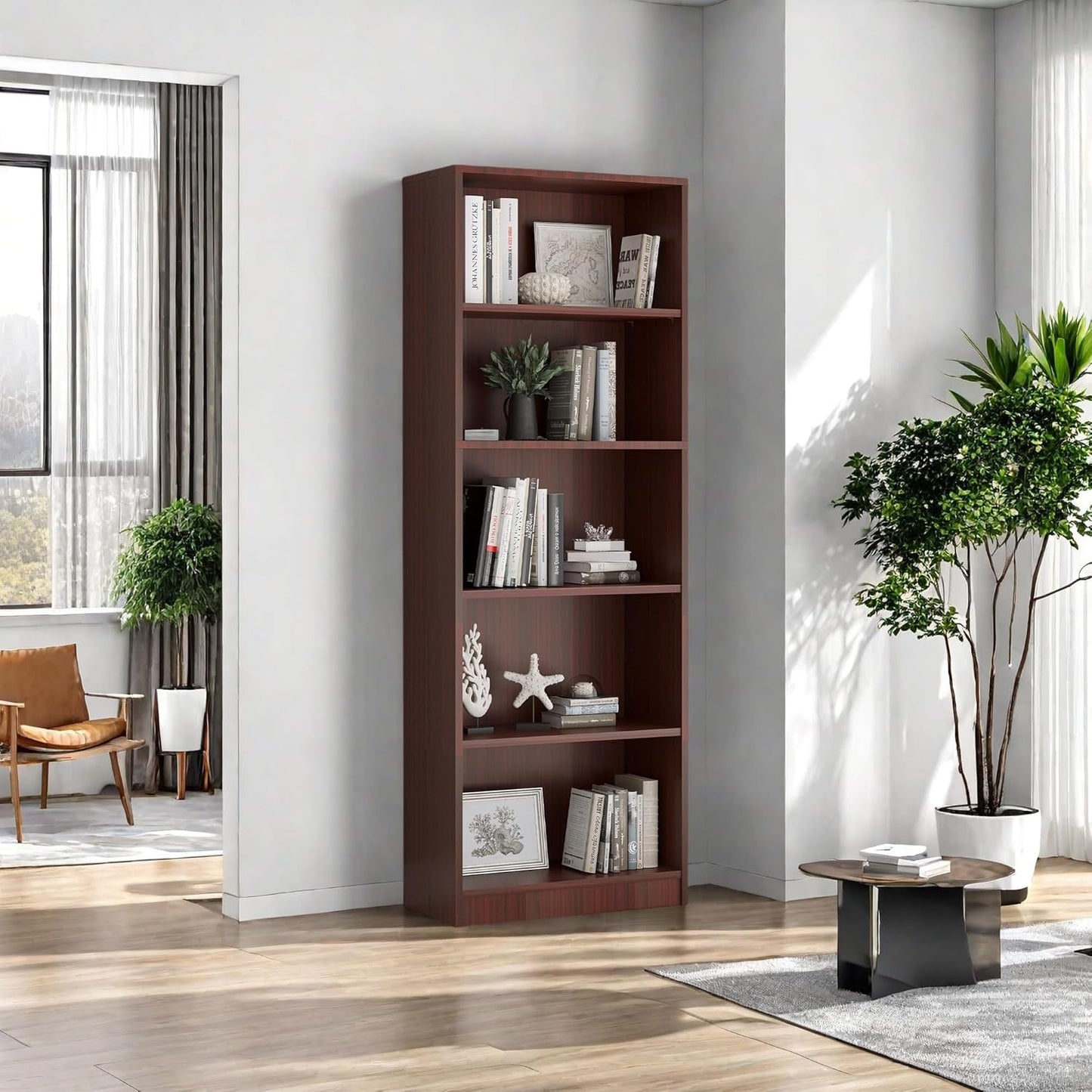 Bookshelf, Open Modern Bookshelf, 5 Shelf Bookcase with Freestanding Display Storage, Wooden Book Shelf for Bedroom, Living Room, Dinning Room, Office,Brown