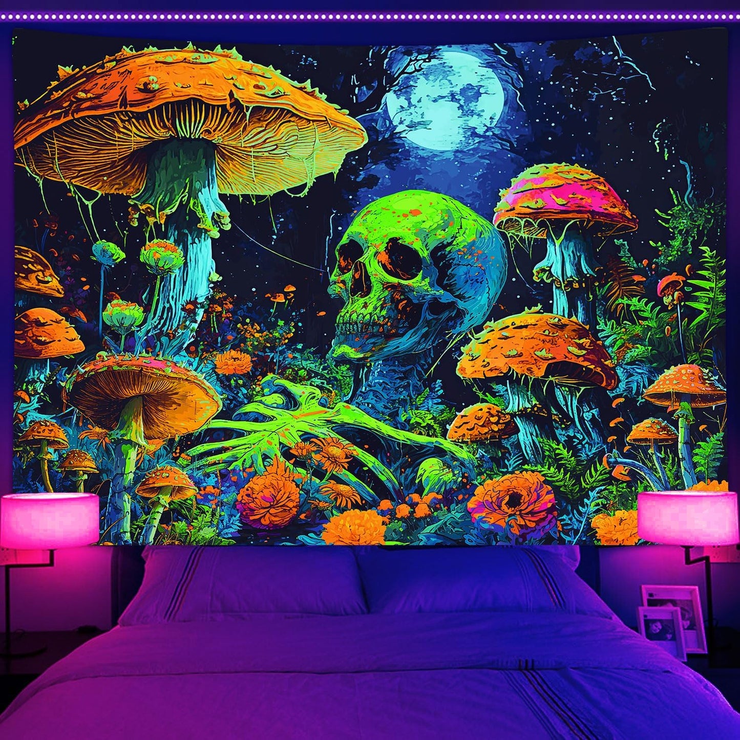 Xiaoput Blacklight Skull Tapestry, Black Light Skeleton, UV Reactive Neon Gothic for Men, Glow in Dark Trippy Forest Wall Hanging, 60X51IN
