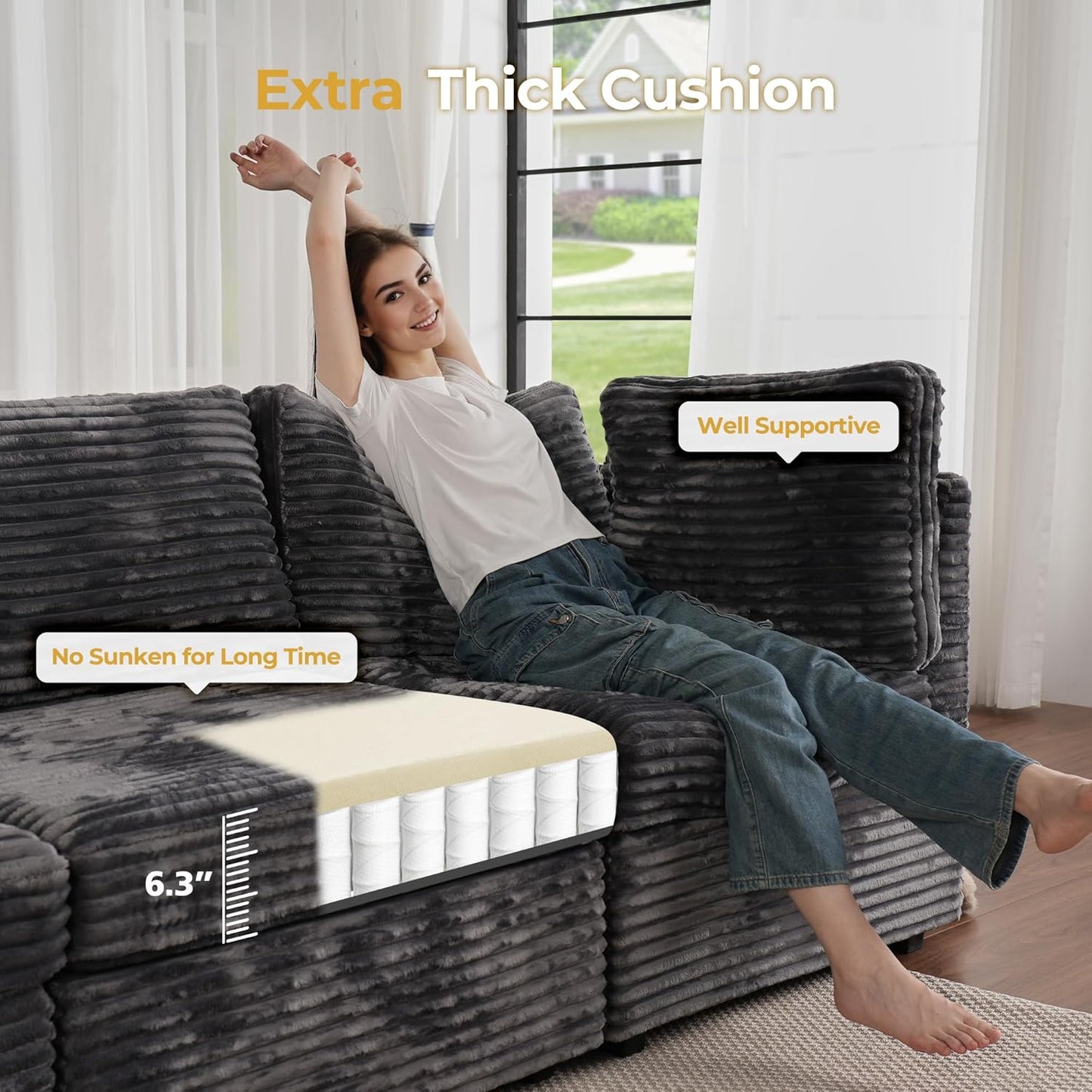 HOOOWOOO Modular Sectional Sofa,5 Pieces Sectional Couches for Living Room,98X98 L Shaped Cloud Couch Set(Grey Velvet Corduroy)