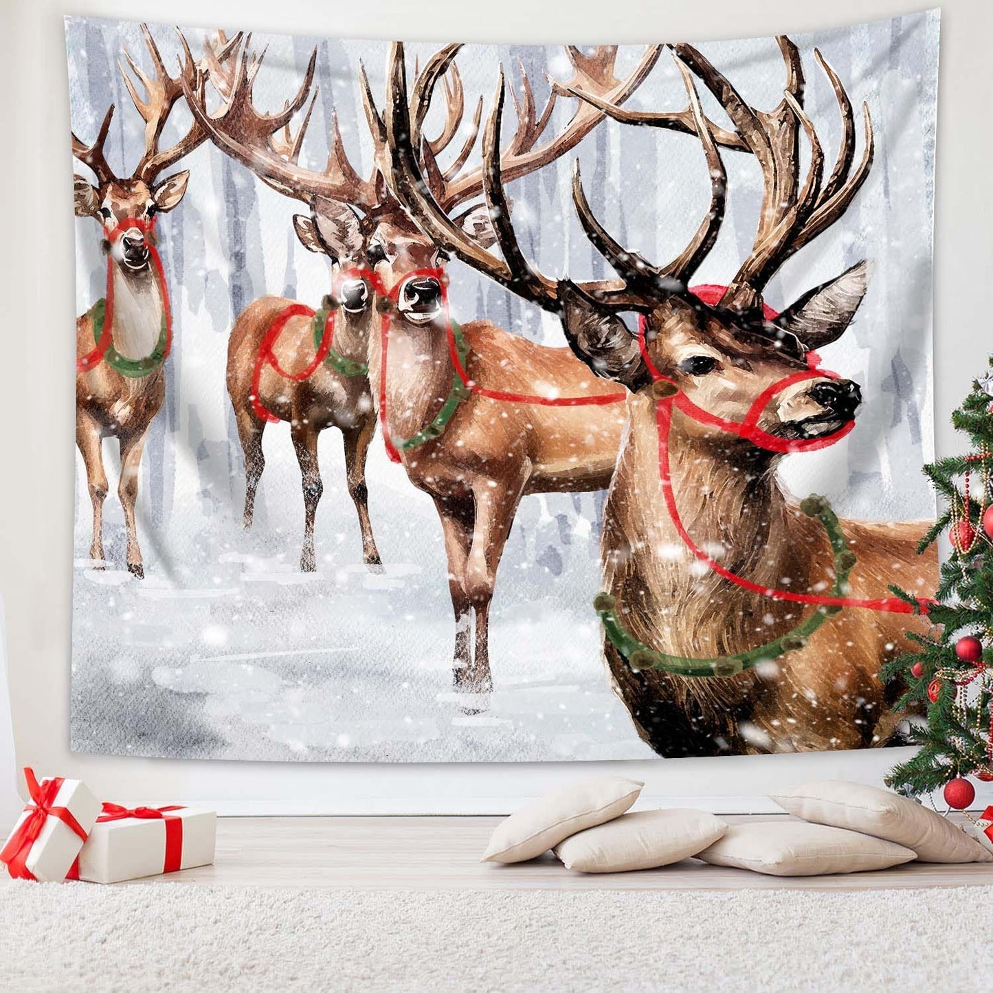 QGHOT Winter Tapestry Wall Hanging Winter Forest Backdrop Christmas Snowy Deer Wall Decor Snow Elk Tapestries for Bedroom Living Room Dorm Party Decoration, Small