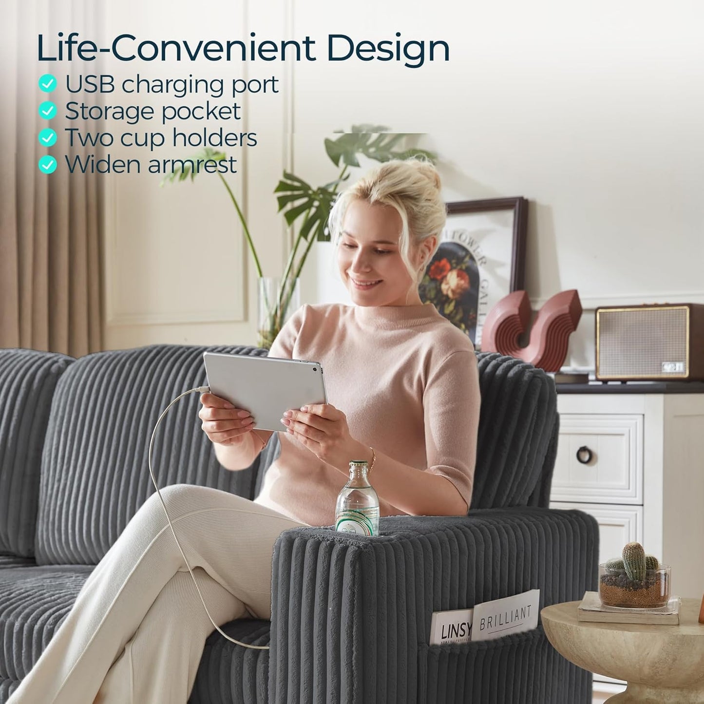 LINSY HOME Loveseat Sofa with Pull Out Couch: 2-in-1 Convertible 2 Seater Sofa Chaise with USB Charging & Cup Holders, Comfy Plush Corduroy Love Seat for Small Spaces Living Room Apartment, Grey