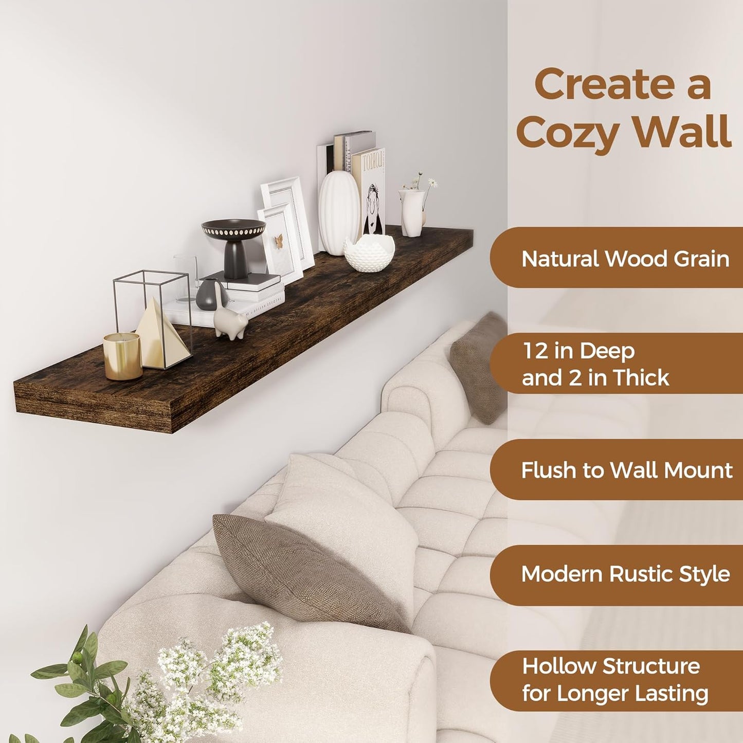 Fun Memories 72 Inch Floating Shelf, 12 Inch Deep Wall Shelf for Fireplace Mantel, Deep Storage Shelves for Home & Office, Wall Shelves with Invisible Bracket, Rustic Brown, Set of 1