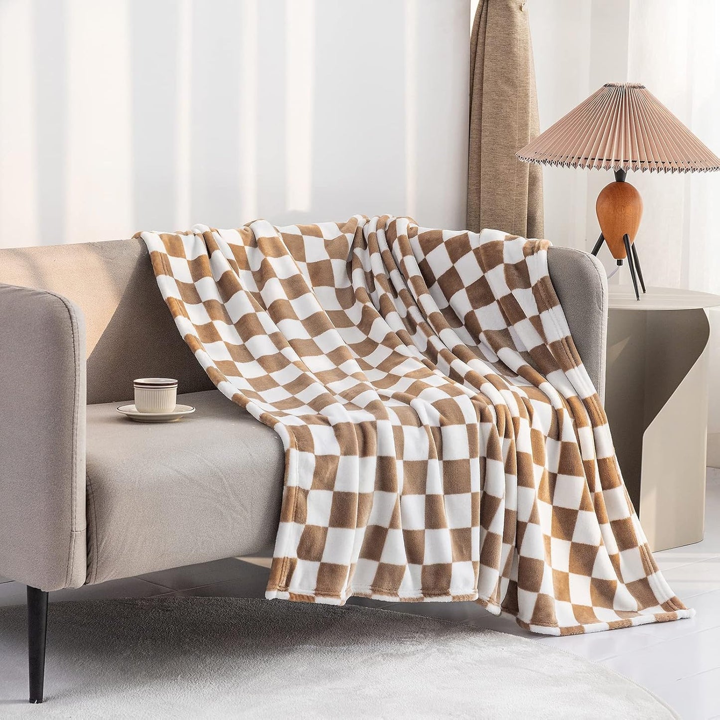 LOMAO Throw Blankets Flannel Blanket with Checkerboard Grid Pattern Soft Throw Blanket for Couch, Bed, Sofa Luxurious Warm and Cozy for All Seasons (Khaki, 90"x90")