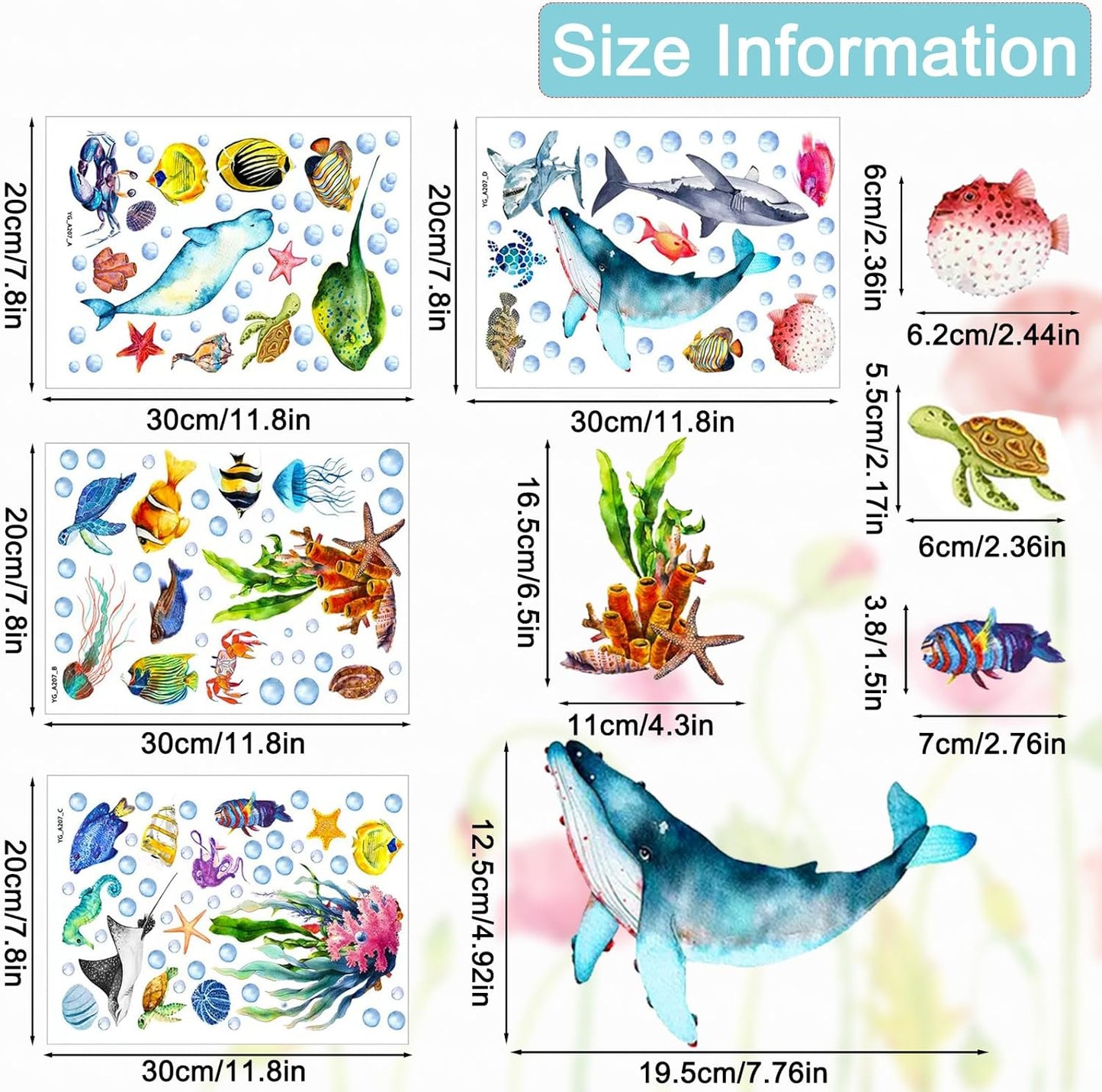 Glow in The Dark Ocean Wall Decals, 4 Sheets Underwater Sea Animal Stickers (Dolphin, Turtle, Jellyfish), Self-Adhesive Kids Bedroom Decor for Boys & Girls, Blue Glow Nursery Wall Art (7.8x11.8in)