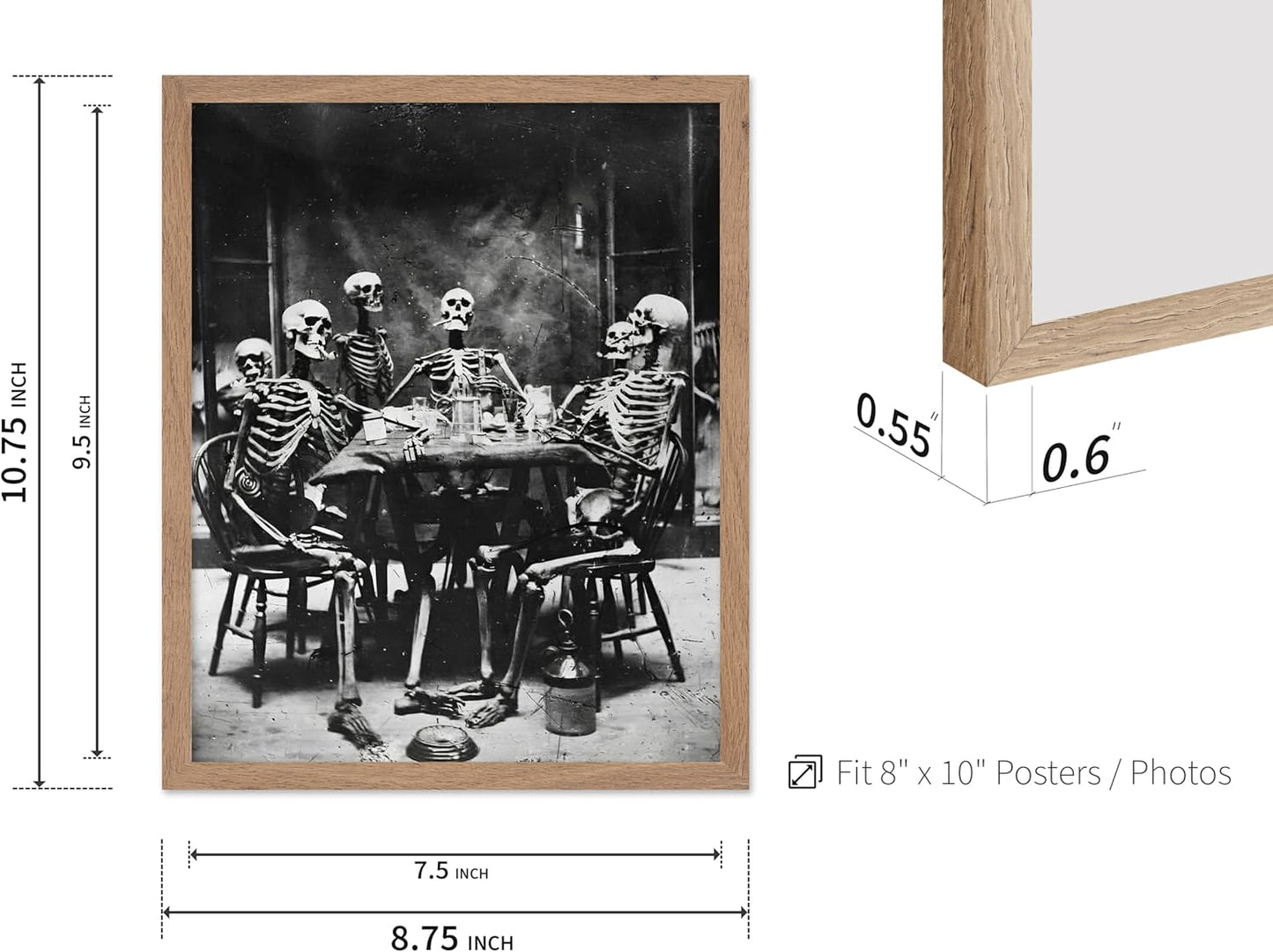 Poster Master Vintage Photograph Poster - Retro Daguerreotype Print - Gift for Artist, Friend - Skeletons Smoking at Table, Dinner Party, Goth - Wall Decor for Home, Dorm, 8x10 Beige Framed