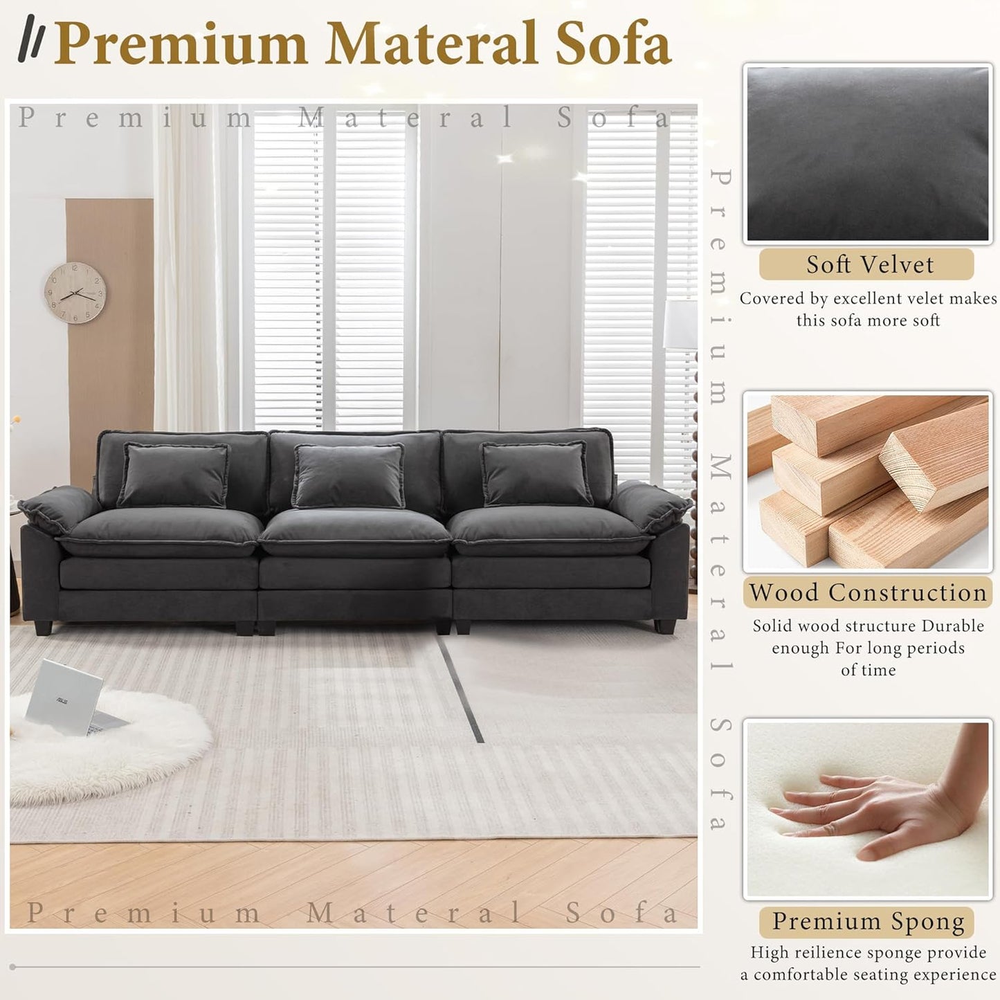 URRED Modular Sectional Sofa Comfy Cloud Couch, Modern Velvet Sofa Sleeper Deep Seat Couches with Ottoman/Pillows for Living Room (Dark Gray, 117'')