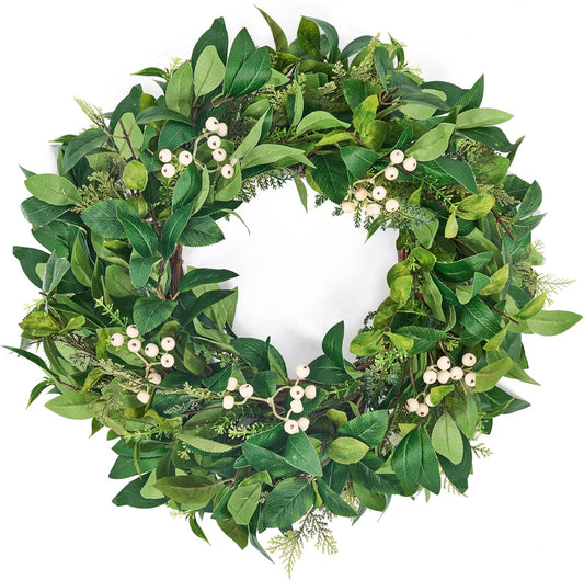 GENMOUS 24 Inch Christmas Wreaths for Front Door, Green Cypress Leaves Wreath with Cedar Laurel White Berries, All Season Indoor Outdoor Wedding Holiday Christmas Home Wall Door Porch Decor