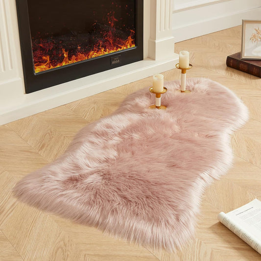 AMTOVO Faux Fur Rug, Pink Area Rug, Fluffy Sheepskin Rug, Fuzzy Ultra Soft 2 x 4 ft Shag Rugs for Bedroom Sofa Throw Cushion Room Decor, Sheepskin