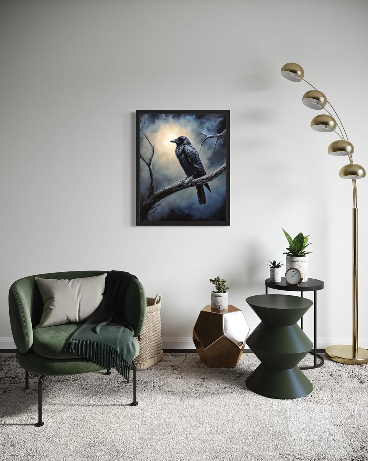 Crow under the Moonlight Poster Art Print, Halloween Scary Vintage Wall Art Academia Spooky Painting Decoration for Horror Prints, Gothic Posters Bedroom Decor 89 (Crow under the Moonlight, 8 x 10 inches, Black Frame)
